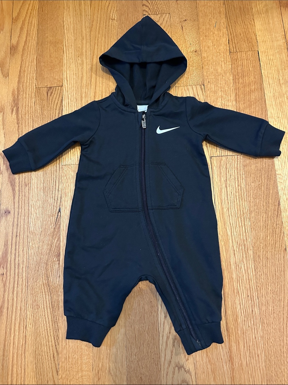 Nike Black Hooded Baby One-Piece Zip Romper with White Swoosh, 3 months